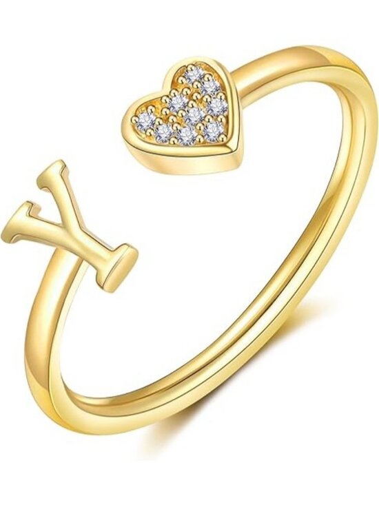 14K Solid Gold Heart Rose Initial  Letter Yes Gold Heart Initial Ring Silver Rose Gold Plated Ring